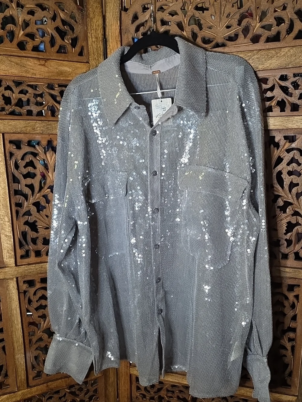 Free People Women's Silver Sequin Button-Down Shirt
